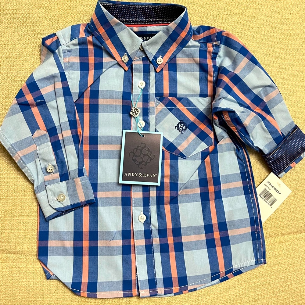 ** New Andy & Evan Plaid Button-down collar with contrast trim - size 12m-18m